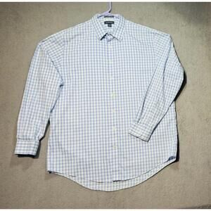 Lands End No Iron Oxford Shirt Mens 17.5 37 Tall Blue Plaid Button Down
